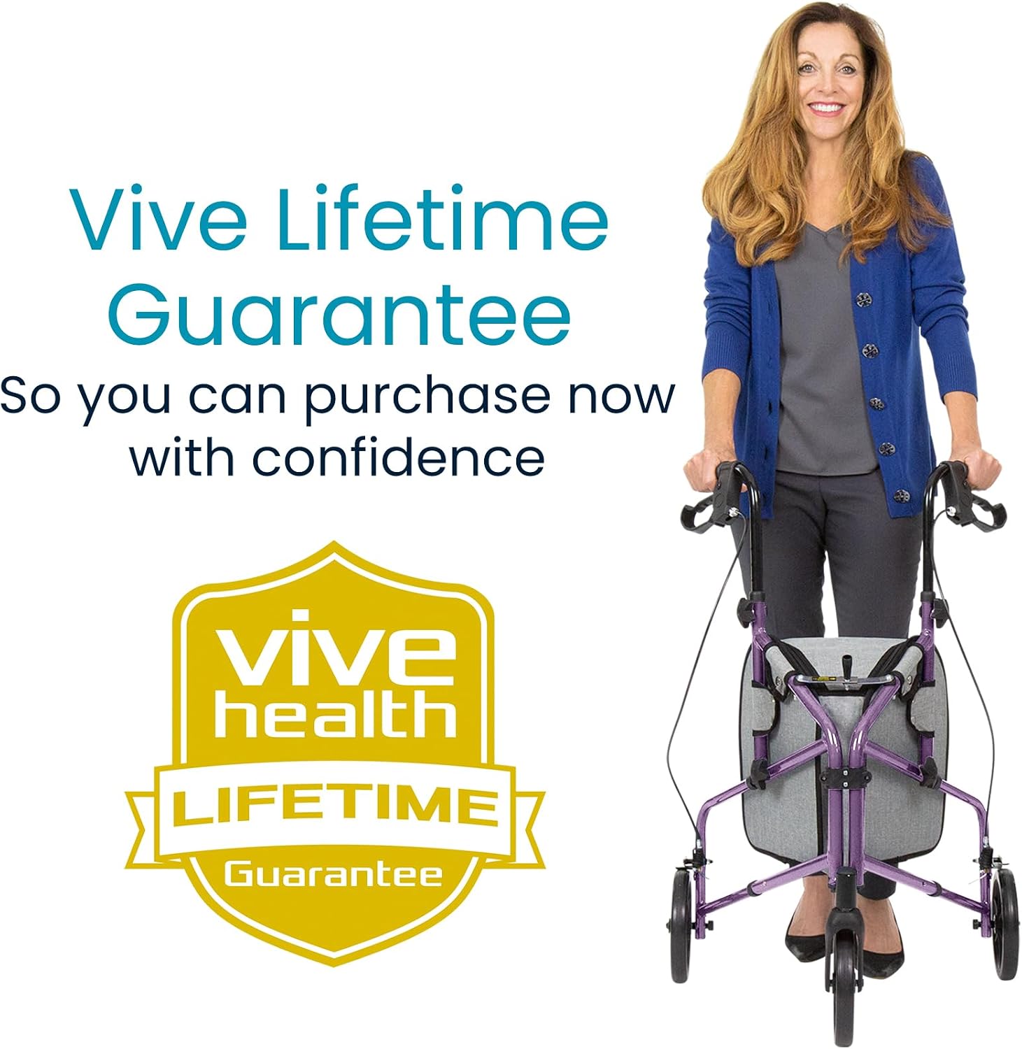 Vive Mobility 3 Wheel Walker - Three Wheeled Rollator for Seniors | Lightweight, Foldable, Narrow, Heavy Duty - for Elderly Men Women - Folding 3-Wheel Tri Scooter with Basket Bag